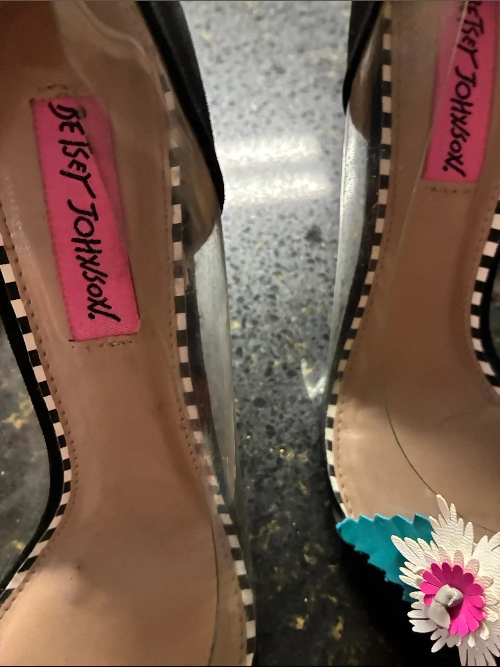 Betsey Johnson Black Pointed Floral Applique Clear Panel Stilettos